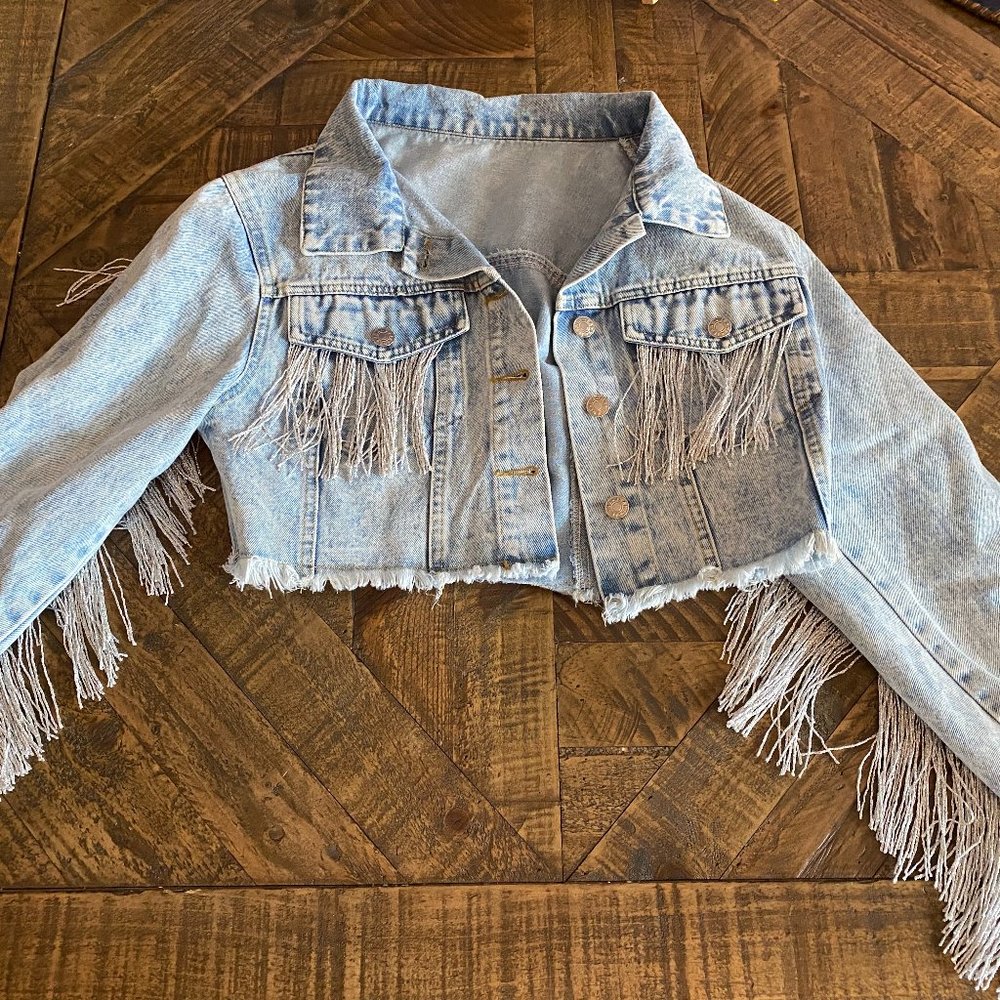 Cropped Denim Jacket with Fringe